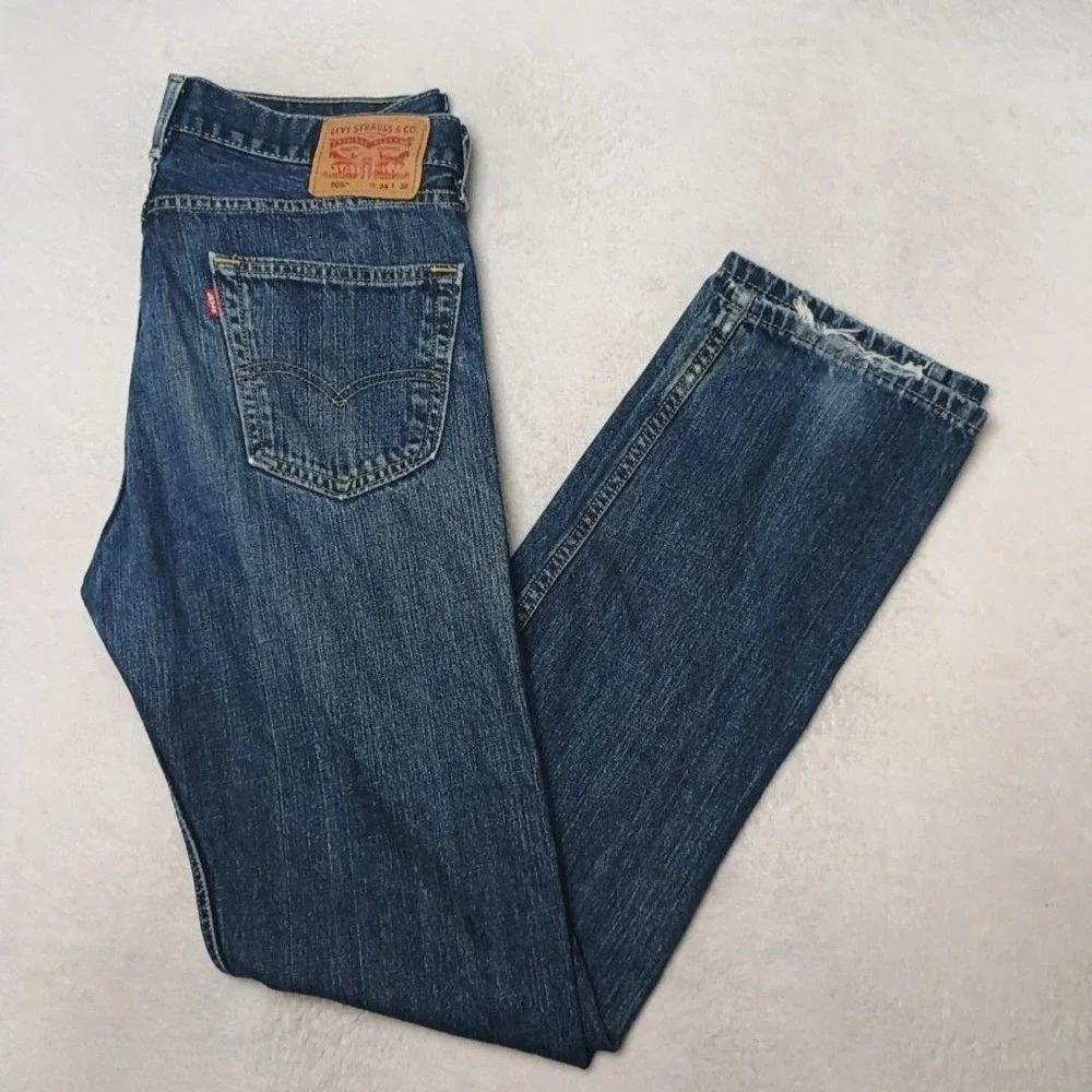 Levis 505 Jeans Mens 34x36 Blue Straight Medium Wash Denim 5-Pocket Distressed